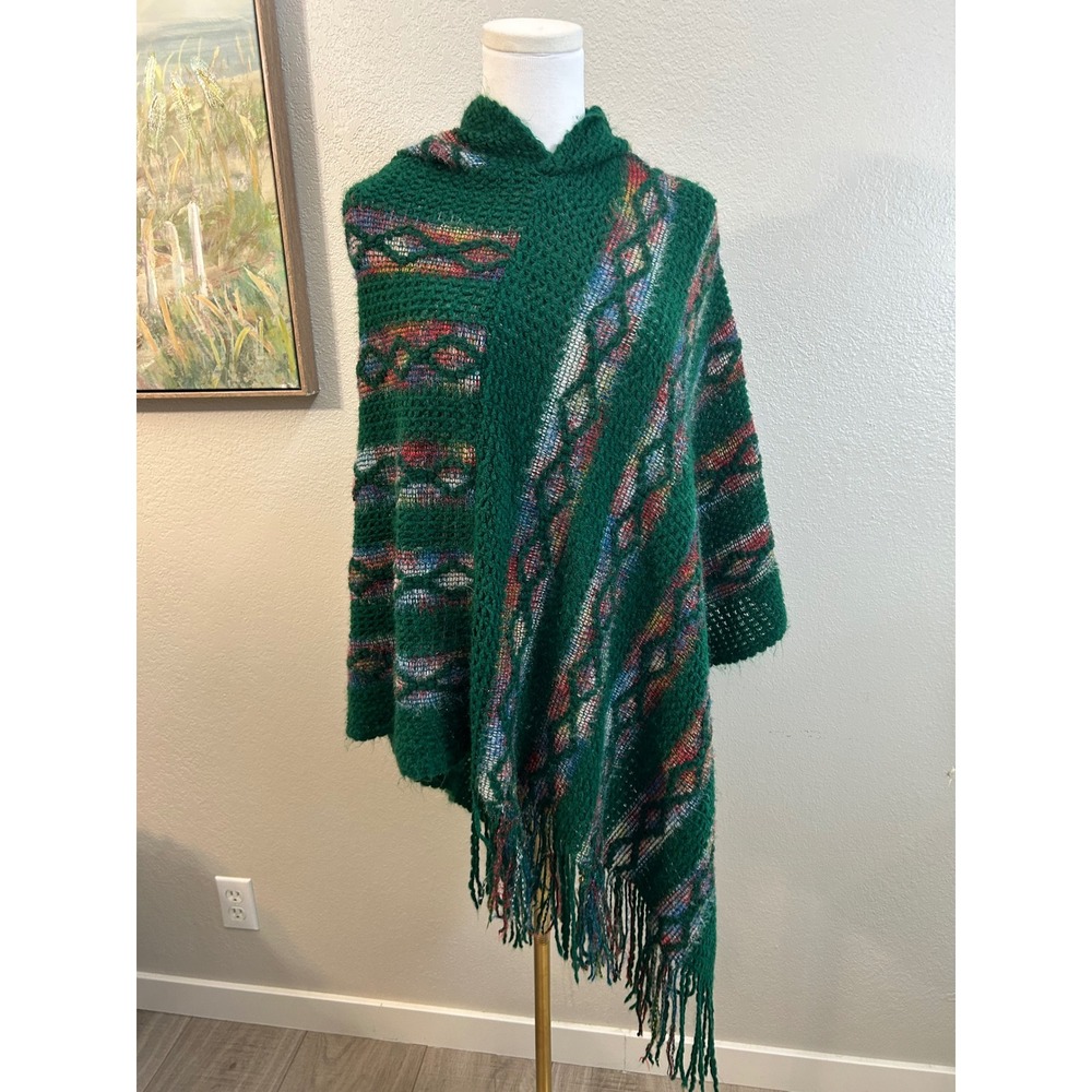 Green Boho Knit Poncho Hooded Fringe Shawl Cozy Festival Cottagecore‎ One Size